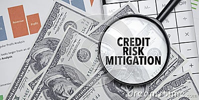 CREDIT RISK MITIGATION words on magnifier glass with dollars and charts Stock Photo