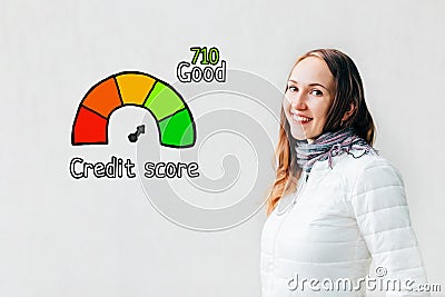 Credit score good concept - girl on a white background with icons and text Stock Photo