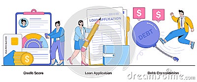 Credit score, loan application, debt consolidation concept with character. Financial stability abstract vector illustration set. Vector Illustration