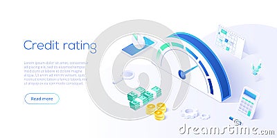 Credit score or rating concept in isometric vector illustration. Loan history meter or scale for creditworthiness report. Web Vector Illustration