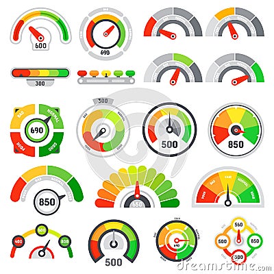 Credit score speedometer. Goods rating indication, good gauge indicator and graph speedometers level indicators isolated vector Stock Photo