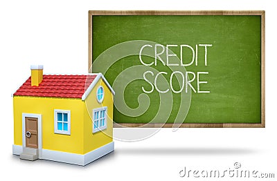 Credit score text on blackboard with 3d house Stock Photo