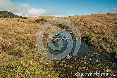 Creek going through hills covered by dry bushes Stock Photo