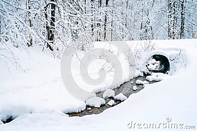 Creek passes through a snow covered landscape Stock Photo