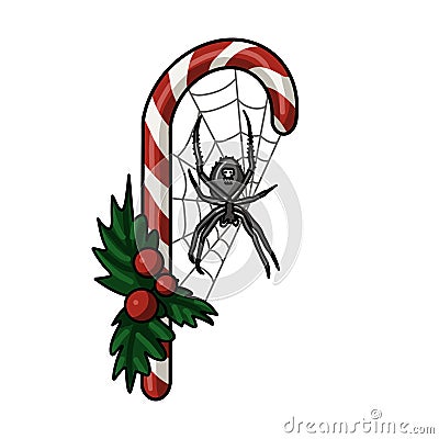 Creepmas. It's a terrible Christmas. Gothic. a cross spider sits on the Christmas lollipop. Cartoon Illustration