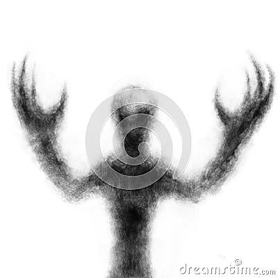 Creepy alien with arms raised. Black and white illustration Cartoon Illustration