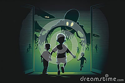 Creepy alien kidnap child. Beautiful illustration picture. Generative AI Cartoon Illustration