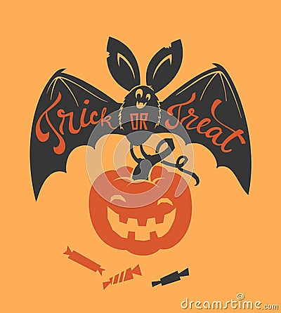 Creepy bat with Trick or Treat phrase hand written on it, carved spooky pumpkin and candies on orange background. Vector Vector Illustration