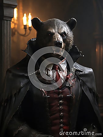 Creepy bear man with sharp teeth and wounds Stock Photo