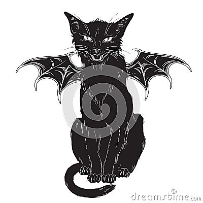 Creepy black cat with monster wings isolated over white background. Wiccan familiar spirit, halloween or pagan witchcraft theme pr Vector Illustration