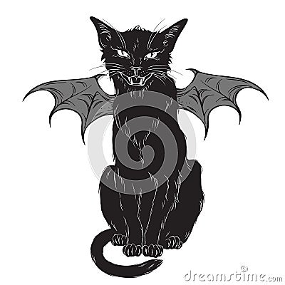 Creepy black cat with monster wings isolated over white background. Wiccan familiar spirit, halloween or pagan witchcraft theme pr Vector Illustration