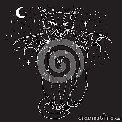 Creepy black cat with monster wings over night sky Vector Illustration