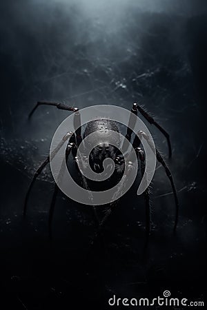 Creepy Black Spider - Arachnophobia Concept - Cobwebs Nest Stock Photo