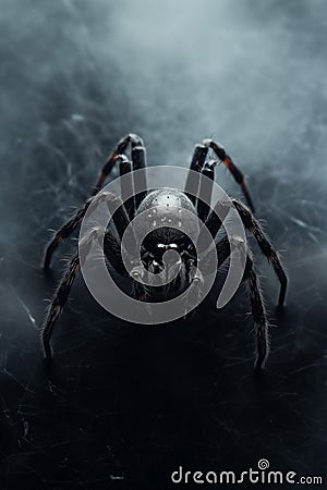 Creepy Black Spider - Arachnophobia Concept - Spiderweb Stock Photo