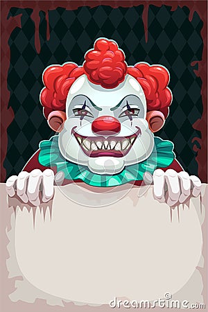 Creepy circus poster. Scary evil clown with paper banner in the hand. Vector Illustration