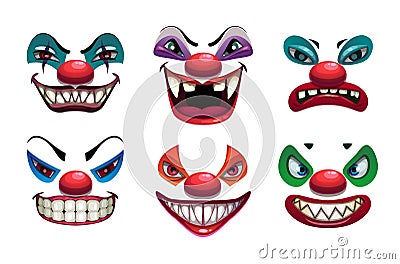 Creepy clown faces. Isolated on white. Scary vector. Vector Illustration