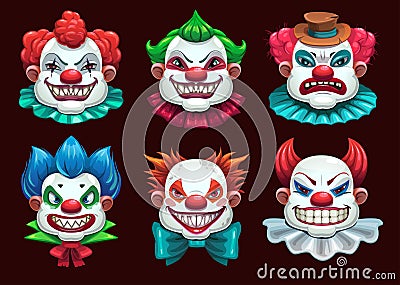 Creepy clown faces set. Scary circus concept. Vector illustration Vector Illustration