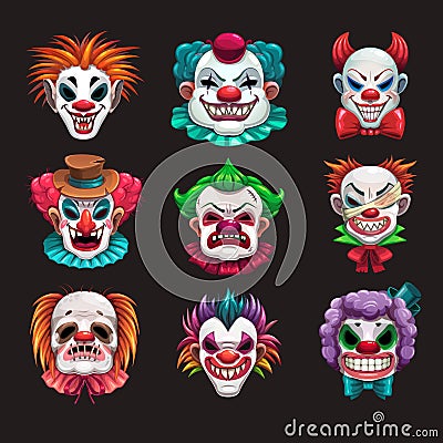 Creepy clown faces set. Scary circus elements. Vector Illustration