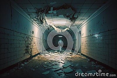 Creepy corridor in abandoned hospital, scary underground passage in old building, generative AI Stock Photo