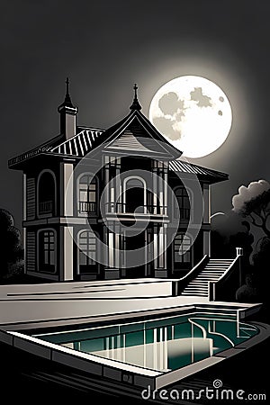 Creepy dark villa with pool at moonlit night Cartoon Illustration