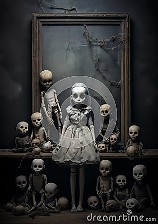 A creepy doll collection that seems to come to life at night halloween frame border Stock Photo