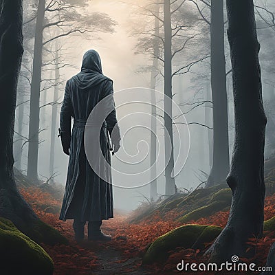 Creepy Faceless Tall Man in a Foggy Forest Cartoon Illustration