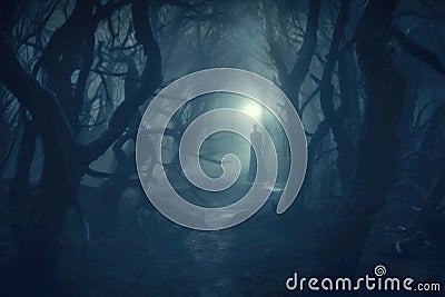 Creepy ghostly figure deep in a nighttime forest cloaked in fog. Generative AI Stock Photo