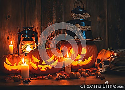 A Creepy Glow. Candlelit Jack-o-Lanterns for a Festive Halloween Night. Generative AI Stock Photo