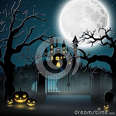 Creepy graveyard with castle and pumpkins Vector Illustration