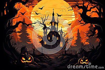 Creepy Halloween Celebration,Eerie Vector Illustration with Ghost, Pumpkin Stock Photo