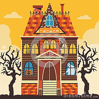 Creepy Halloween Haunted House Scene Card Template Vector Illustration