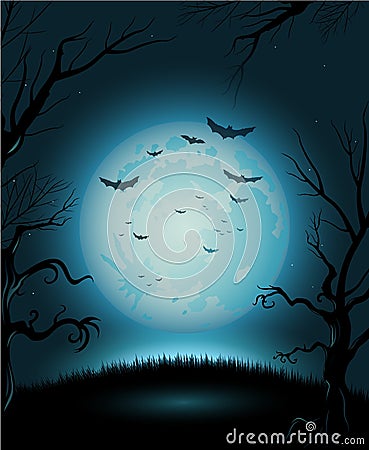 Creepy Halloween night poster full moon copy space Vector Illustration