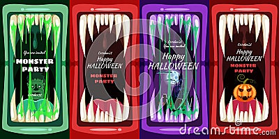 Set Creepy Halloween party banners scary monster character teeth jaw in mouth spittle closeup dark castle pumpkins head Vector Illustration