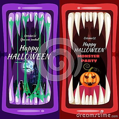 Set Creepy Halloween party banners scary monster character teeth jaw in mouth spittle closeup dark castle pumpkins head Vector Illustration