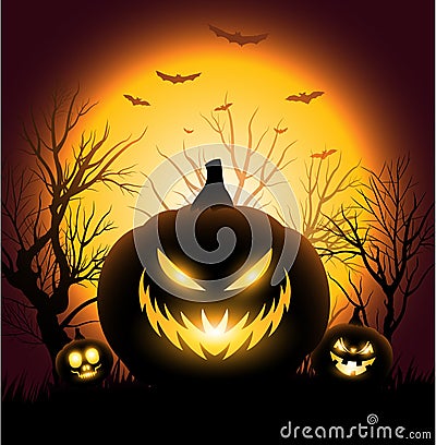 Creepy Halloween pumkin face copyspace background Vector Illustration