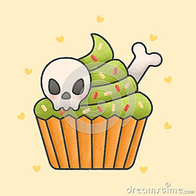 Creepy halloween skulls cupcake cartoon hand drawn style Stock Photo