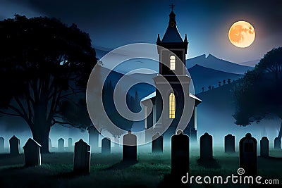 Creepy Halloween view with old graveyard by church at night Cartoon Illustration