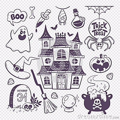 Creepy House and Halloween Doodles Vector Illustration