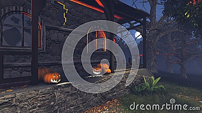 Creepy house with pumpkins at moonlight night Stock Photo