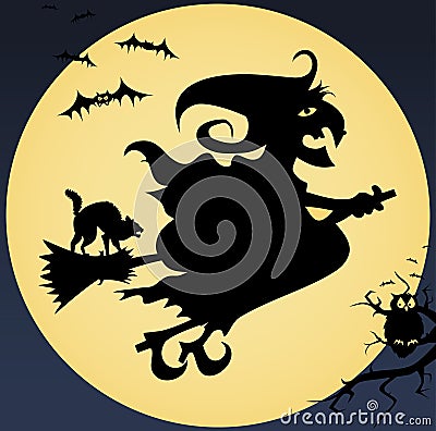 Creepy illustration with witch, cat, owl, moon and Vector Illustration