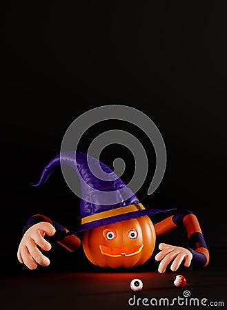 Creepy jack o lantern pumpkin with eyeball. Funny poster for a Halloween party. Pumpkin with human hands and eyes. Stock Photo