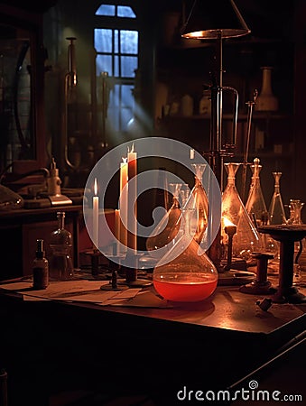 A creepy laboratory with strange contions bubbling and steaming is illuminated by a single flickering candle. Gothic art Stock Photo