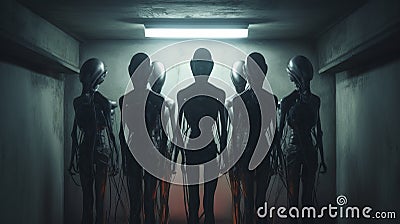 Exoskeleton Robots Huddle In Dark Concrete Room Stock Photo