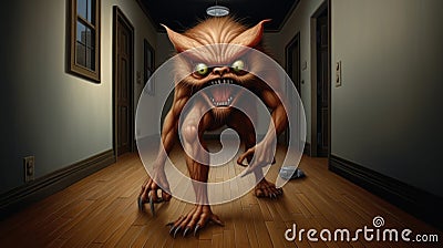 A creepy looking creature is in a hallway, AI Stock Photo