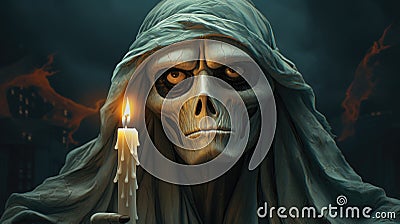 A creepy looking skeleton holding a candle in his hand, AI Stock Photo