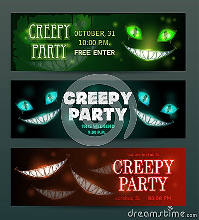 Creepy party banners layouts set. Vector scary night invitation flyers. Vector Illustration