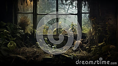 Creepy Plants Inside An Abandoned House: Atmospheric Woodland Imagery Stock Photo