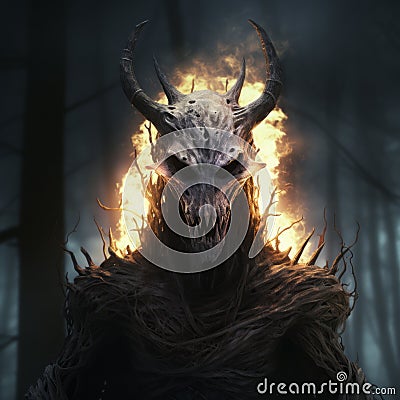 Creepy Rituals Creature: A Detailed And Realistic Rendering Of A Spiked Demon In Flames Stock Photo