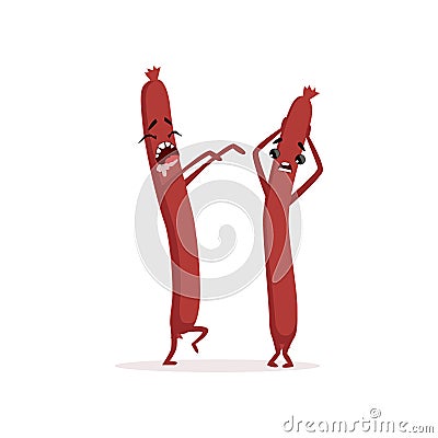 Creepy thin sausage walking like zombie. Other frankfurter holding his head in fright. Cartoon meat characters in flat Vector Illustration