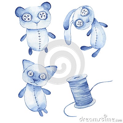 Creepy toys. Cute hande made watercolor animals Stock Photo